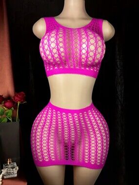 2pc Hot Pink Fishnet Crop Top & Mini Skirt Set (OS) Beach-Swim Cover-up Festival